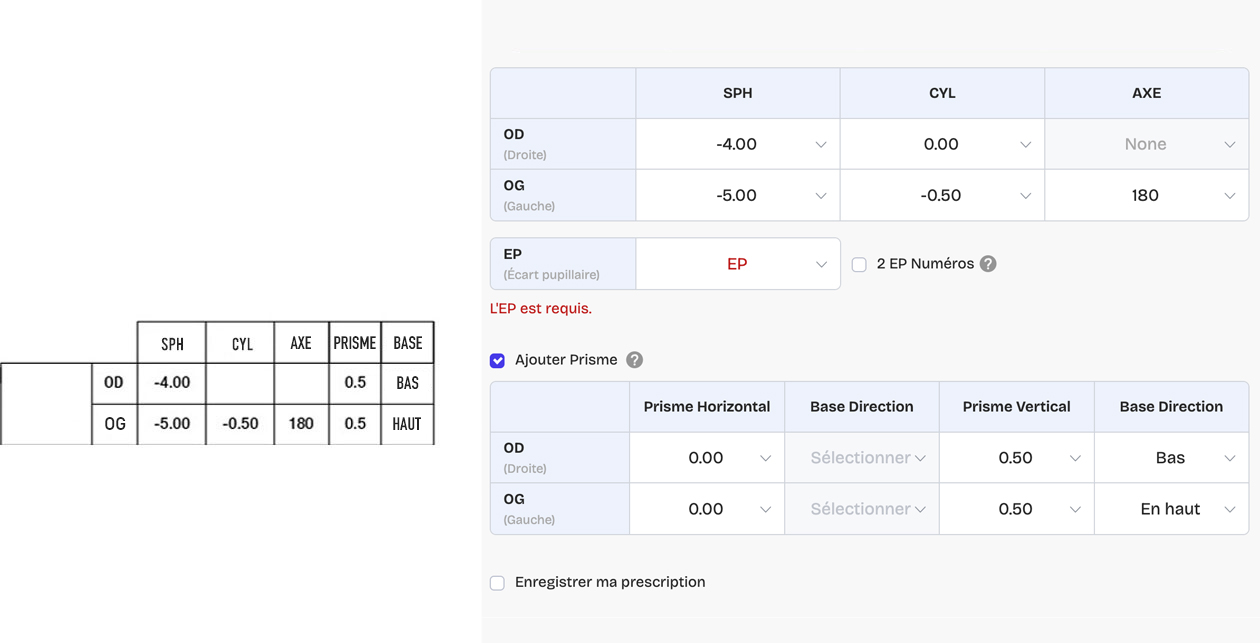 Exemple d’ordonnance pour verres unifocaux avec prismes 1